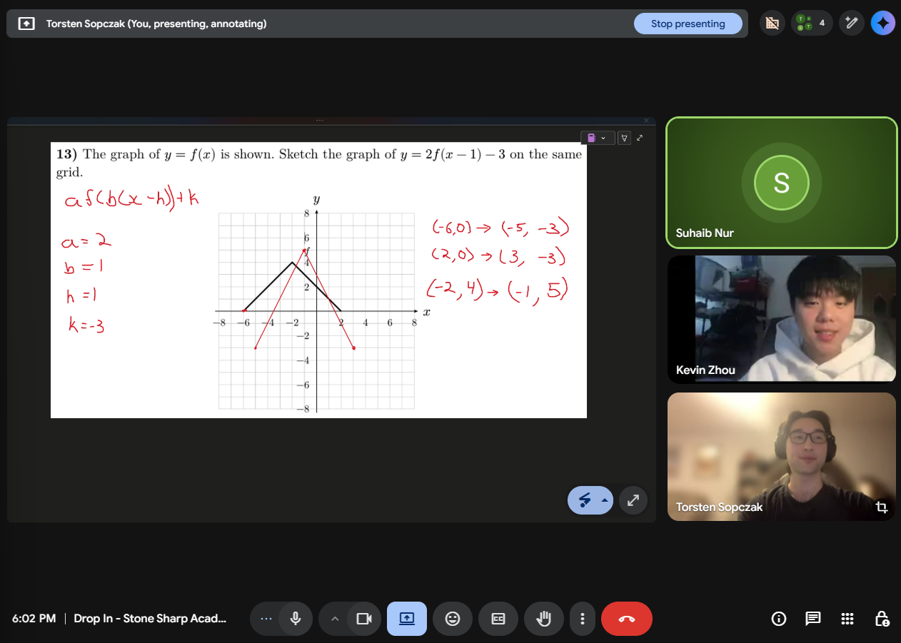 Live online drop-in tutoring session with students working through math transformations